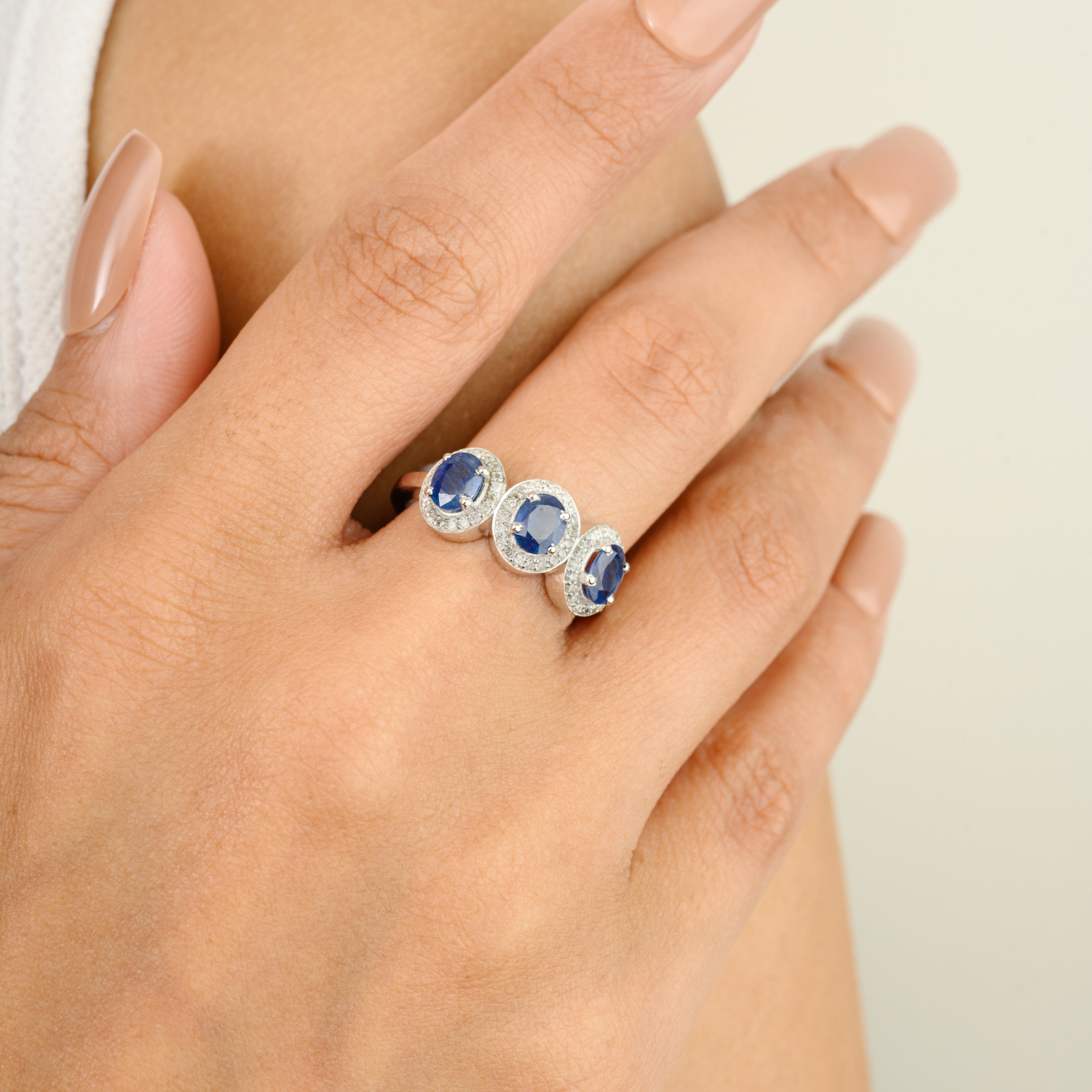 14K Gold Blue Sapphire & Diamond Three Stone Wedding Ring - vrjewels-us