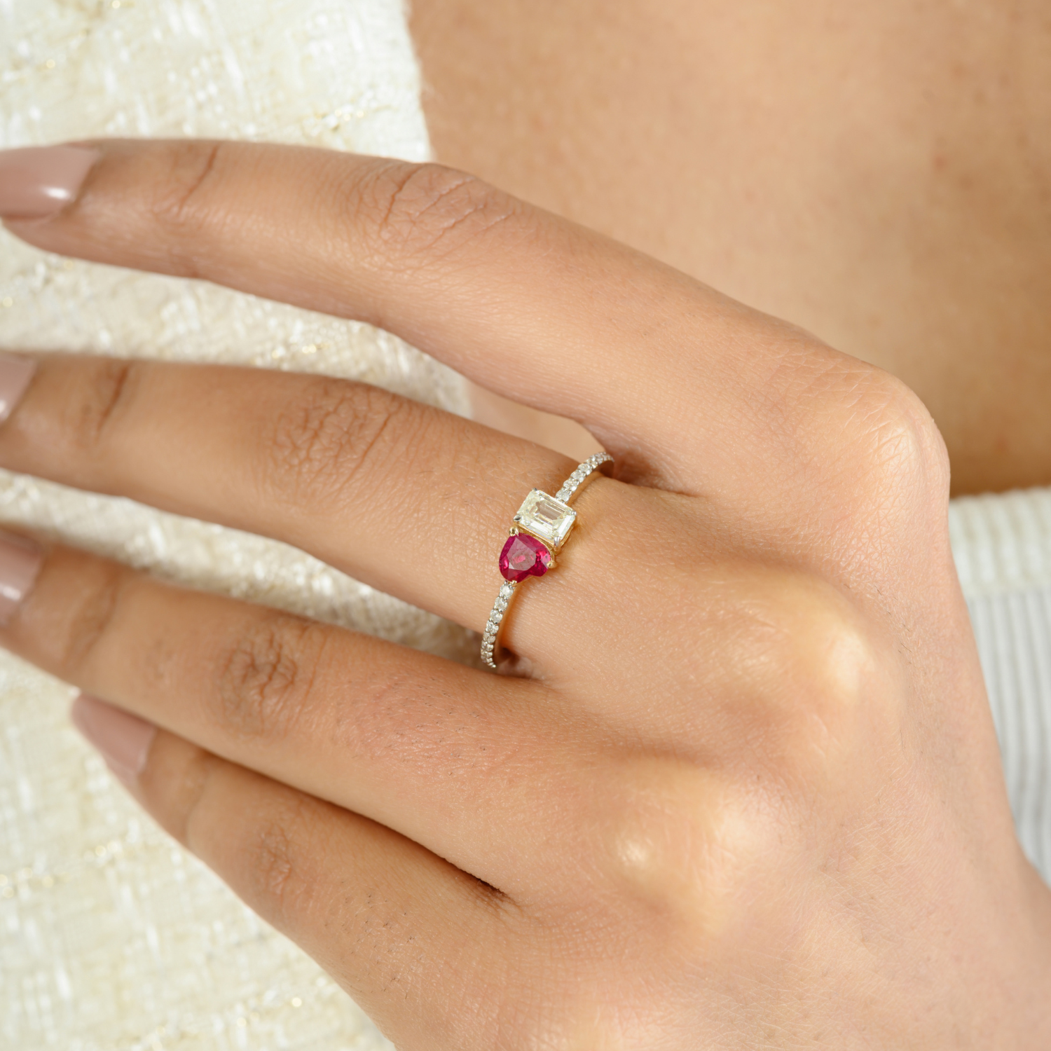 14K Solid Gold Ruby Diamond Toi et moi Ring