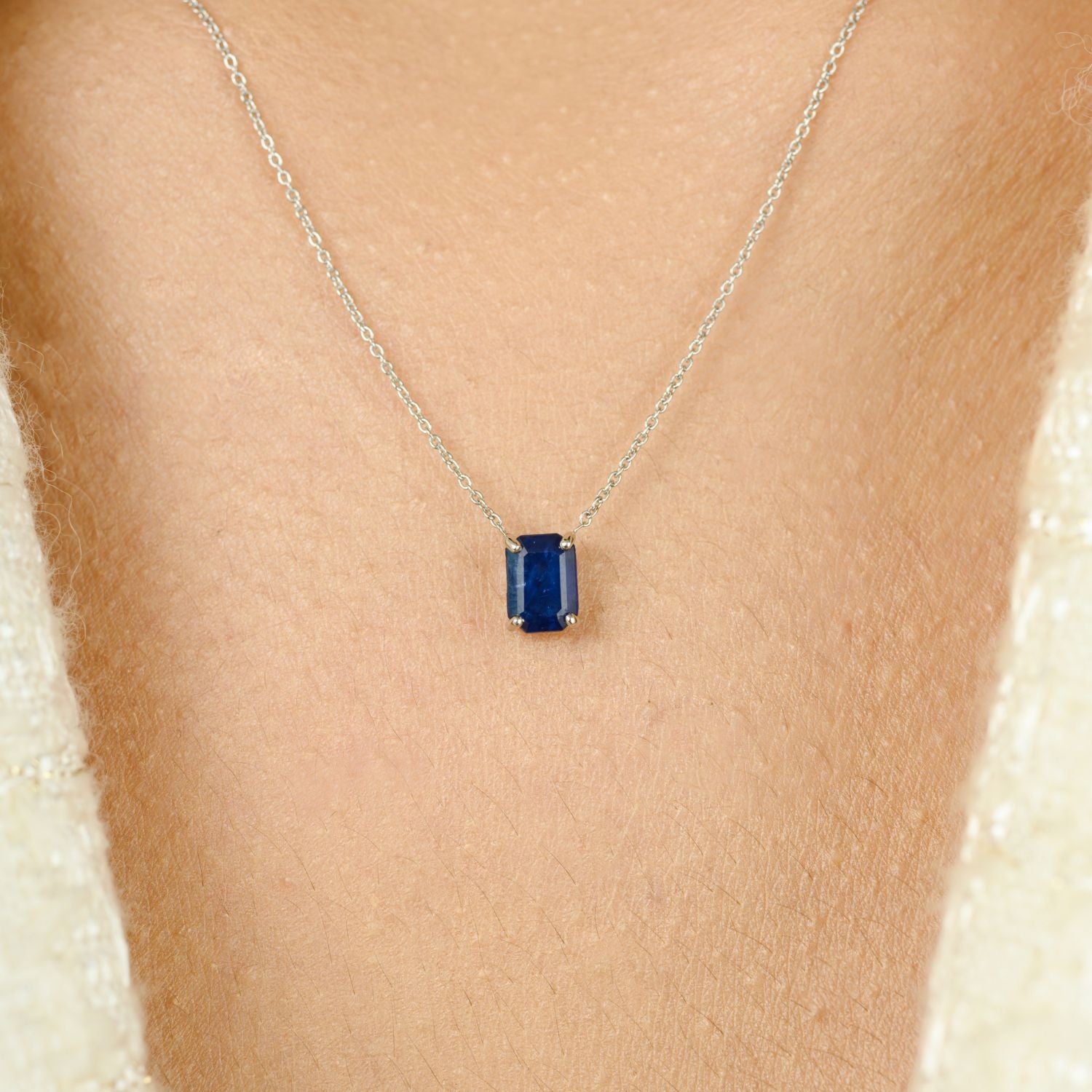 14k Solid Gold Blue Sapphire Pendant Necklace