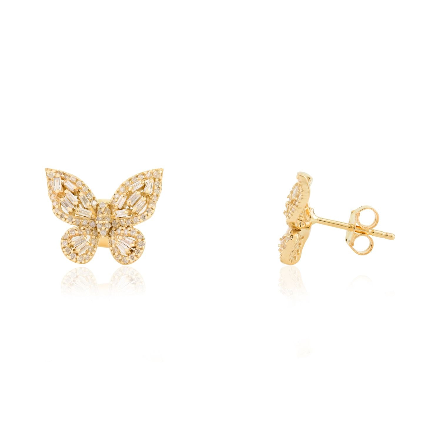 14K Yellow Gold Diamond Butterfly Stud Earrings