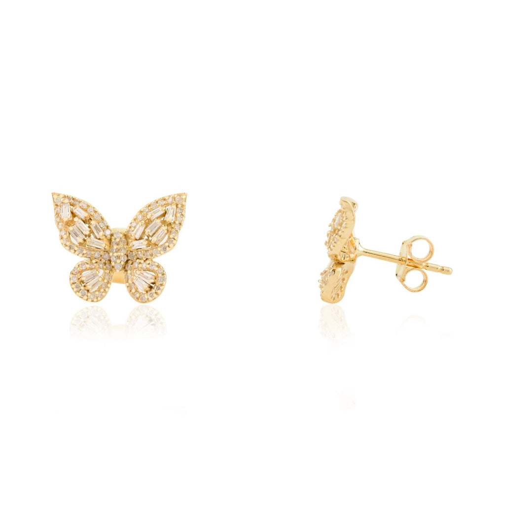 14K Yellow Gold Diamond Butterfly Stud Earrings Image