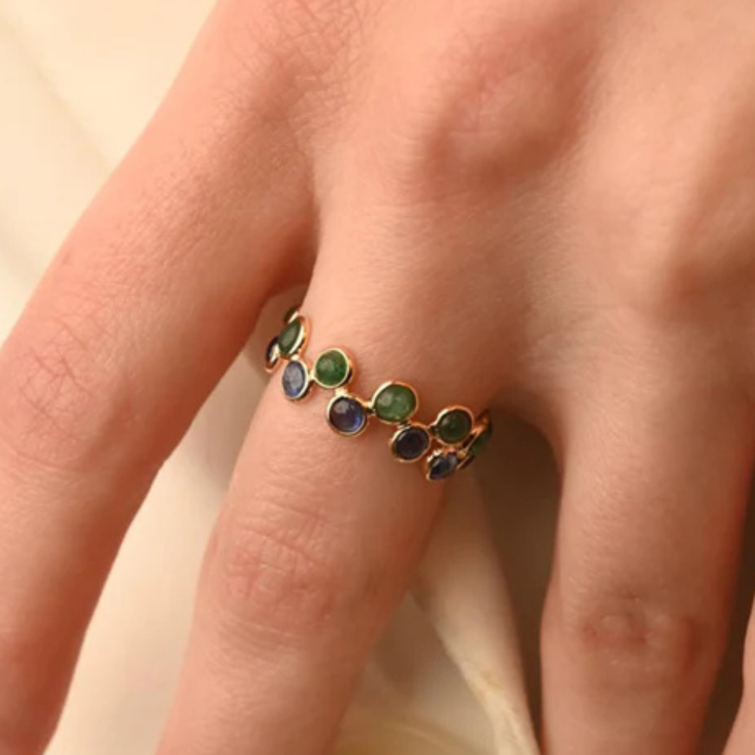 18K Gold Emerald Sapphire Eternity Band