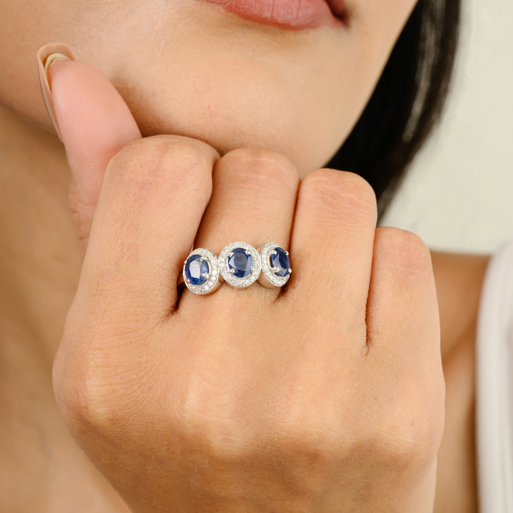 14K Gold Blue Sapphire & Diamond Three Stone Wedding Ring Image