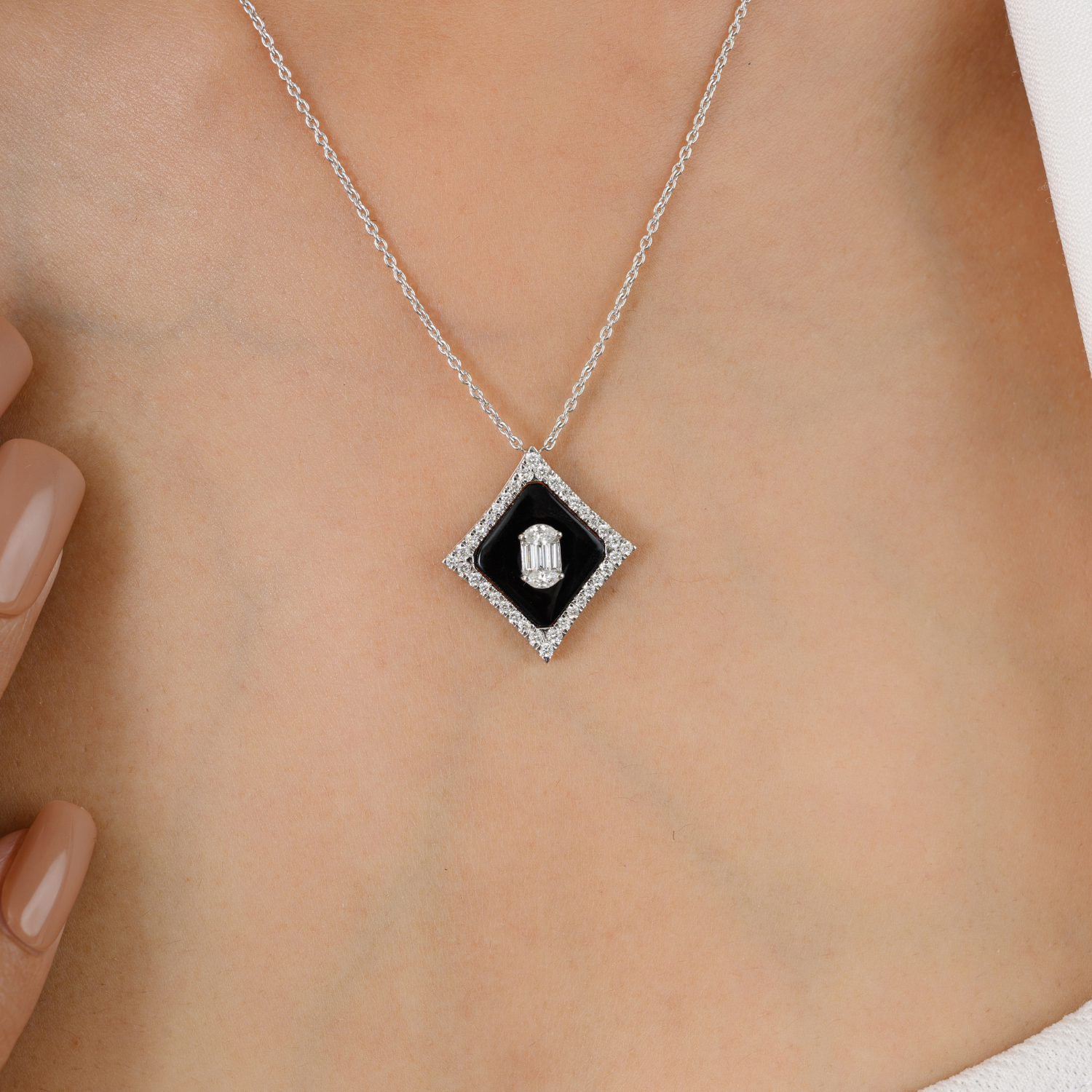 18K Art Deco Inspired Black Onyx Diamond Pendant Necklace