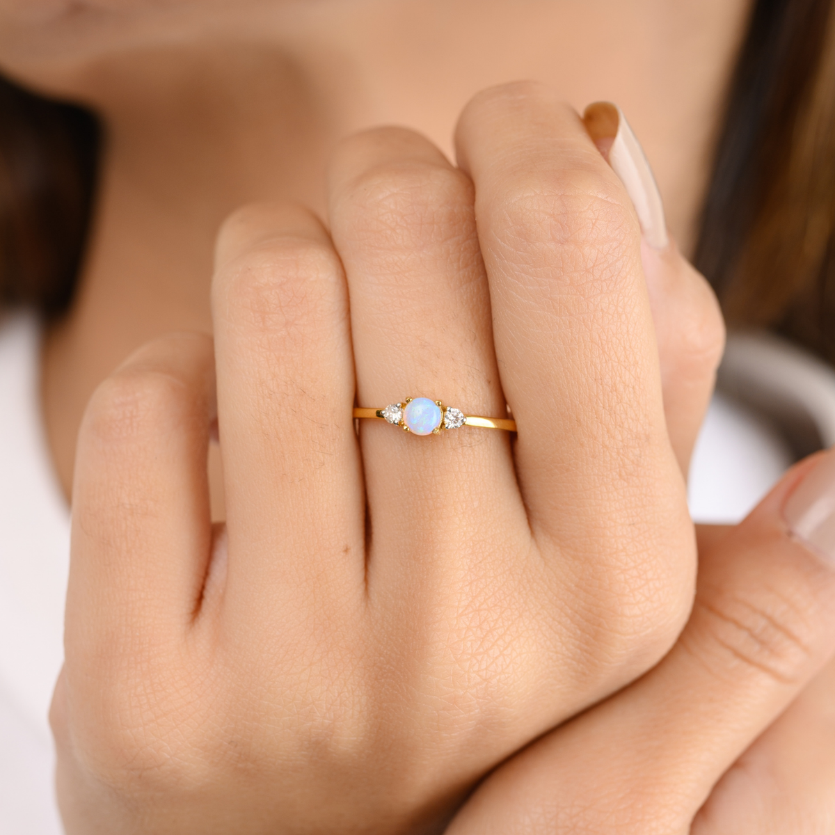 18K Gold Opal Diamond Dainty Ring - vrjewels-us