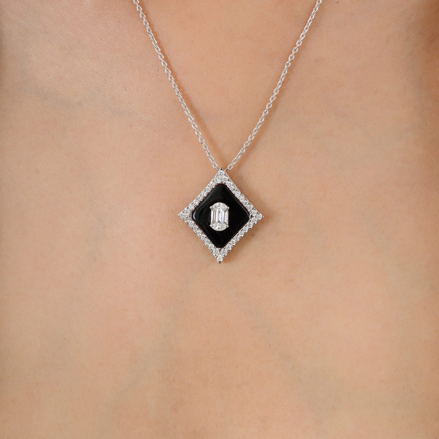 18K Art Deco Inspired Black Onyx Diamond Pendant Necklace