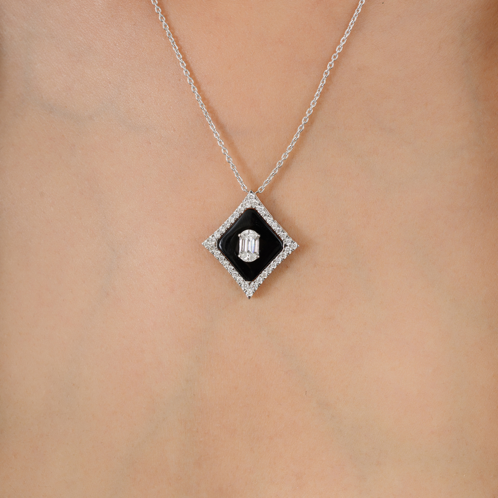 18K Art Deco Inspired Black Onyx Diamond Pendant Necklace Image