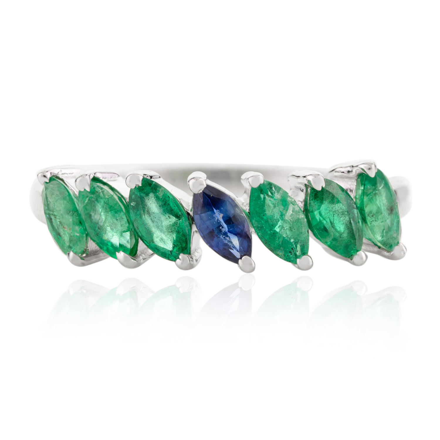 14K Solid White Gold Emerald Sapphire Ring - vrjewels-us