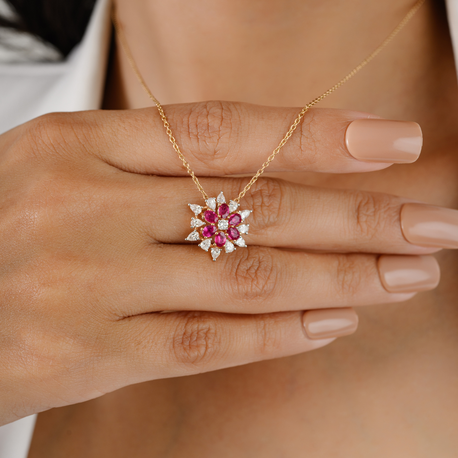 18K Solid Yellow Gold Floral Ruby Pendant Necklace