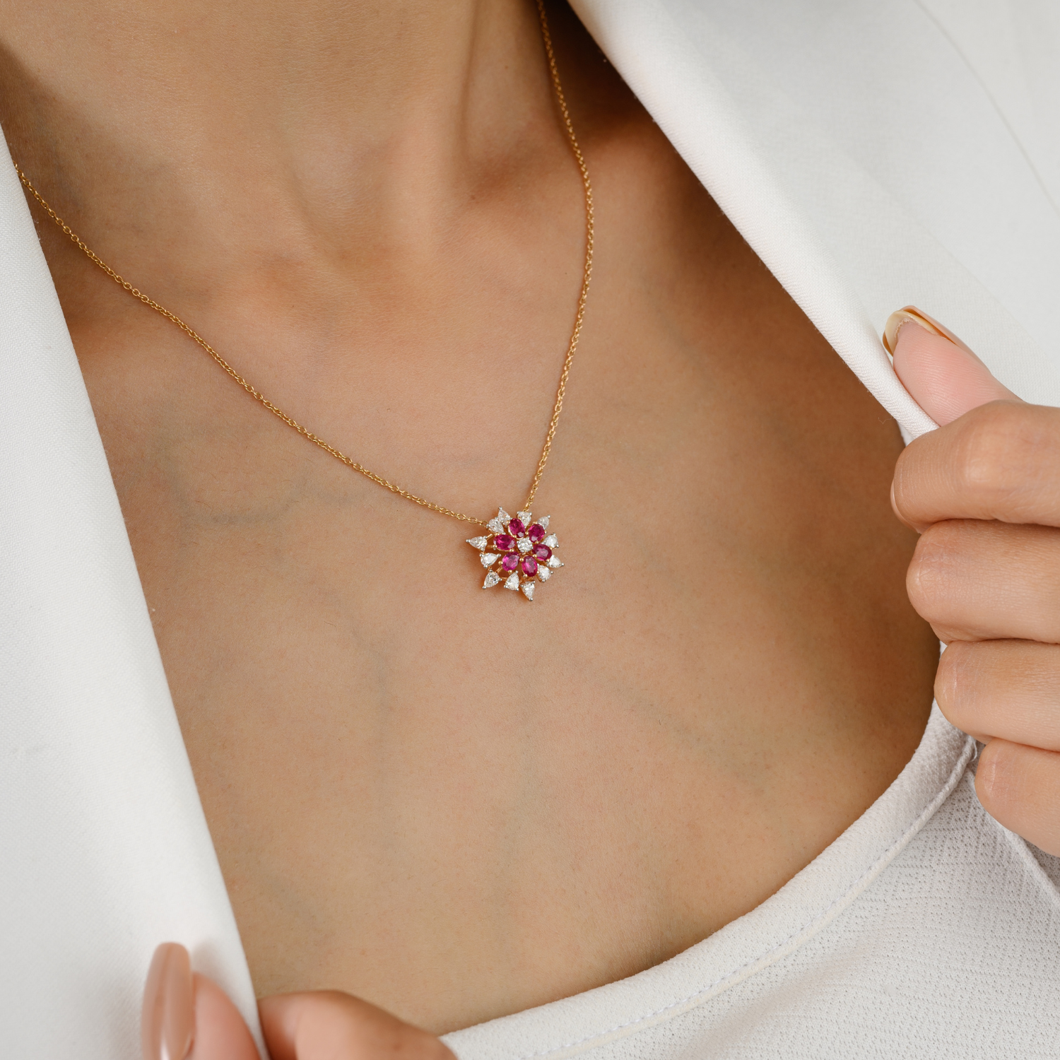 18K Solid Yellow Gold Floral Ruby Pendant Necklace