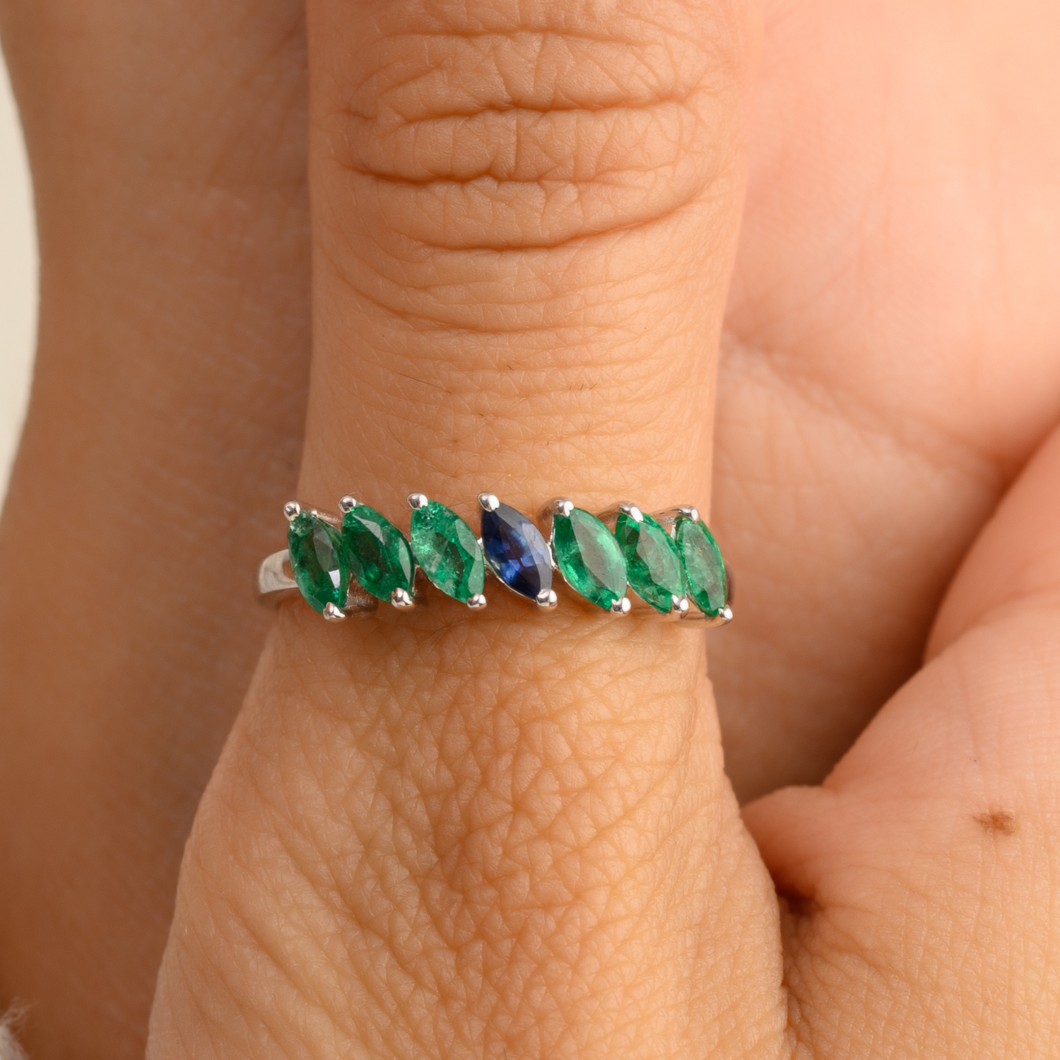 14K Solid White Gold Emerald Sapphire Ring - vrjewels-us