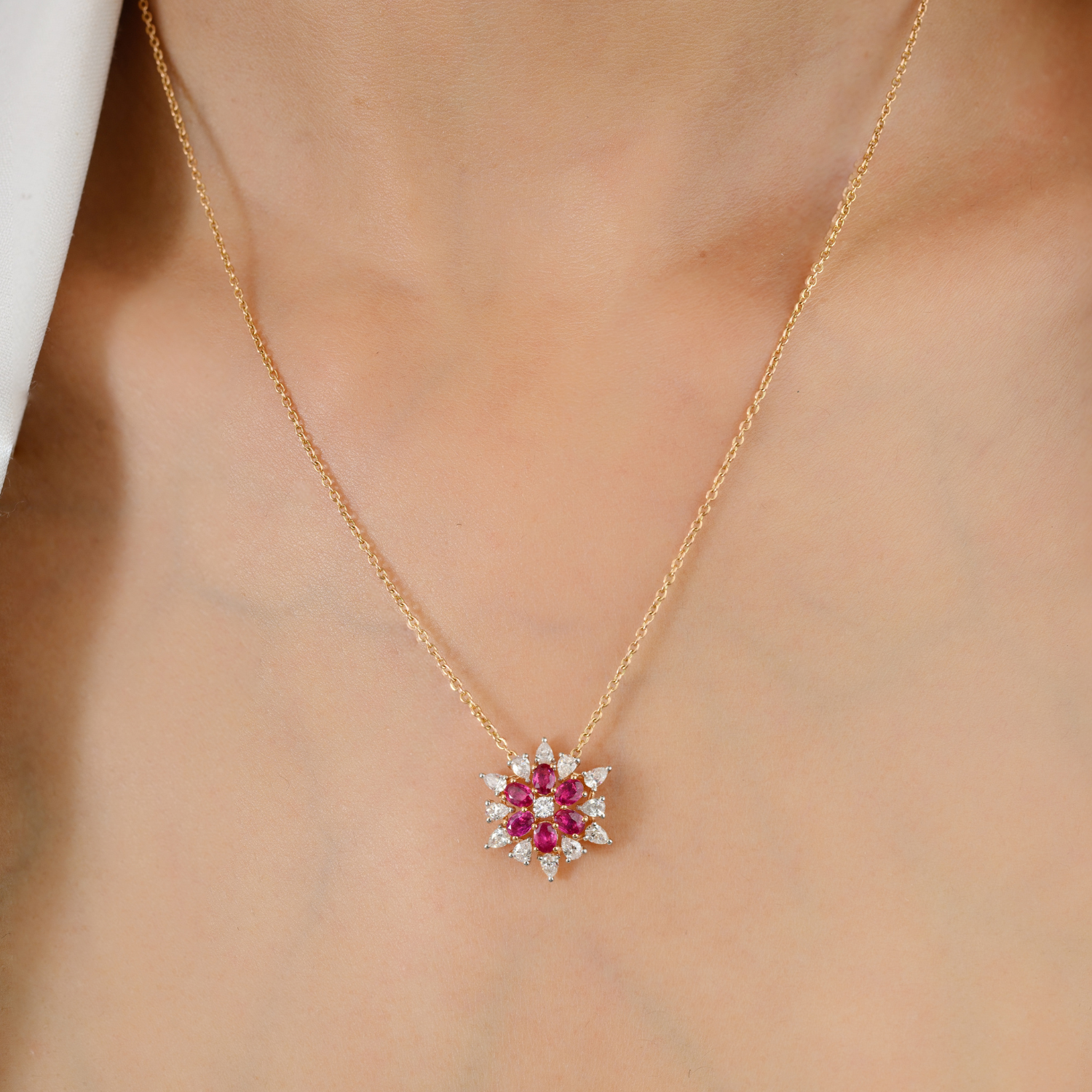 18K Solid Yellow Gold Floral Ruby Pendant Necklace