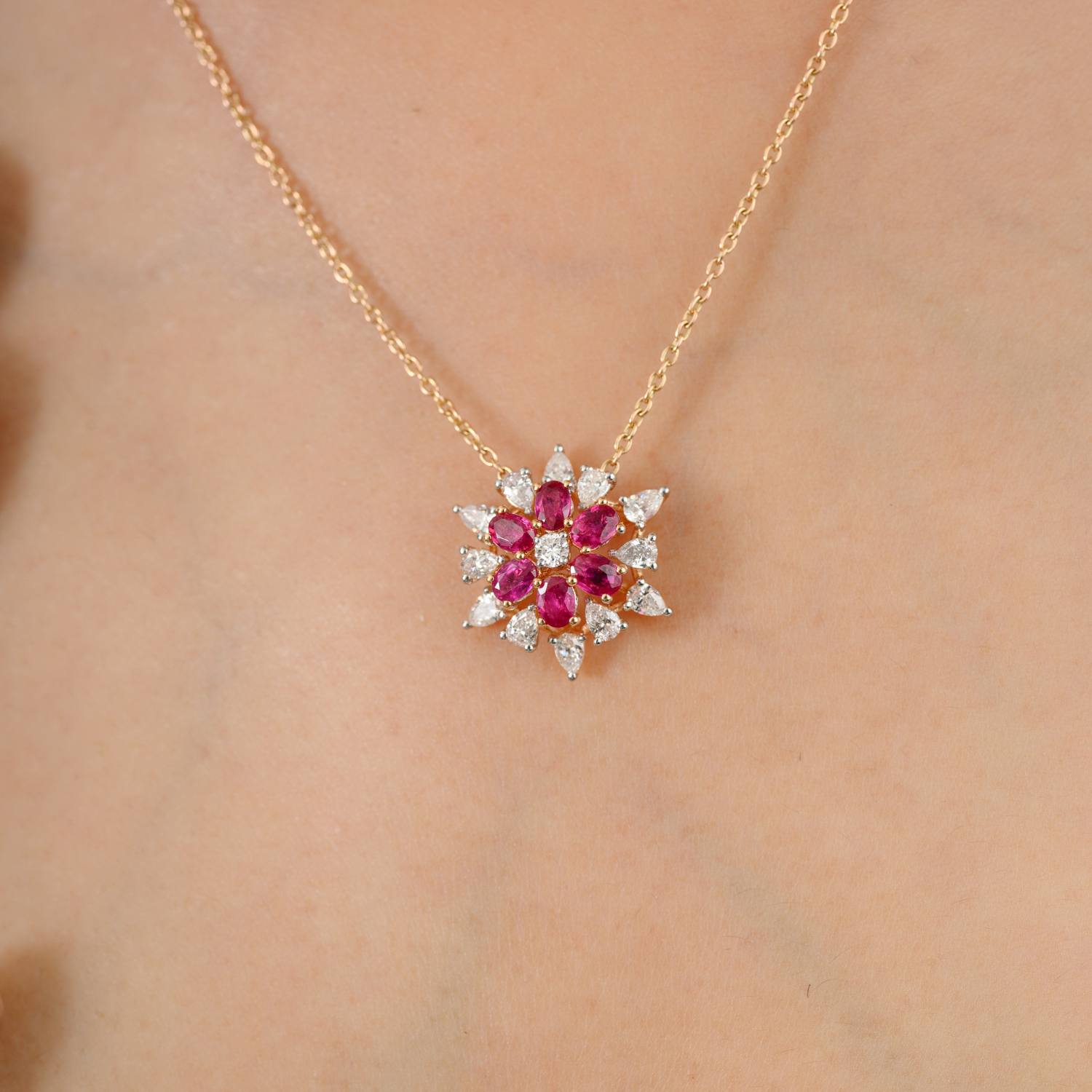 18K Solid Yellow Gold Floral Ruby Pendant Necklace