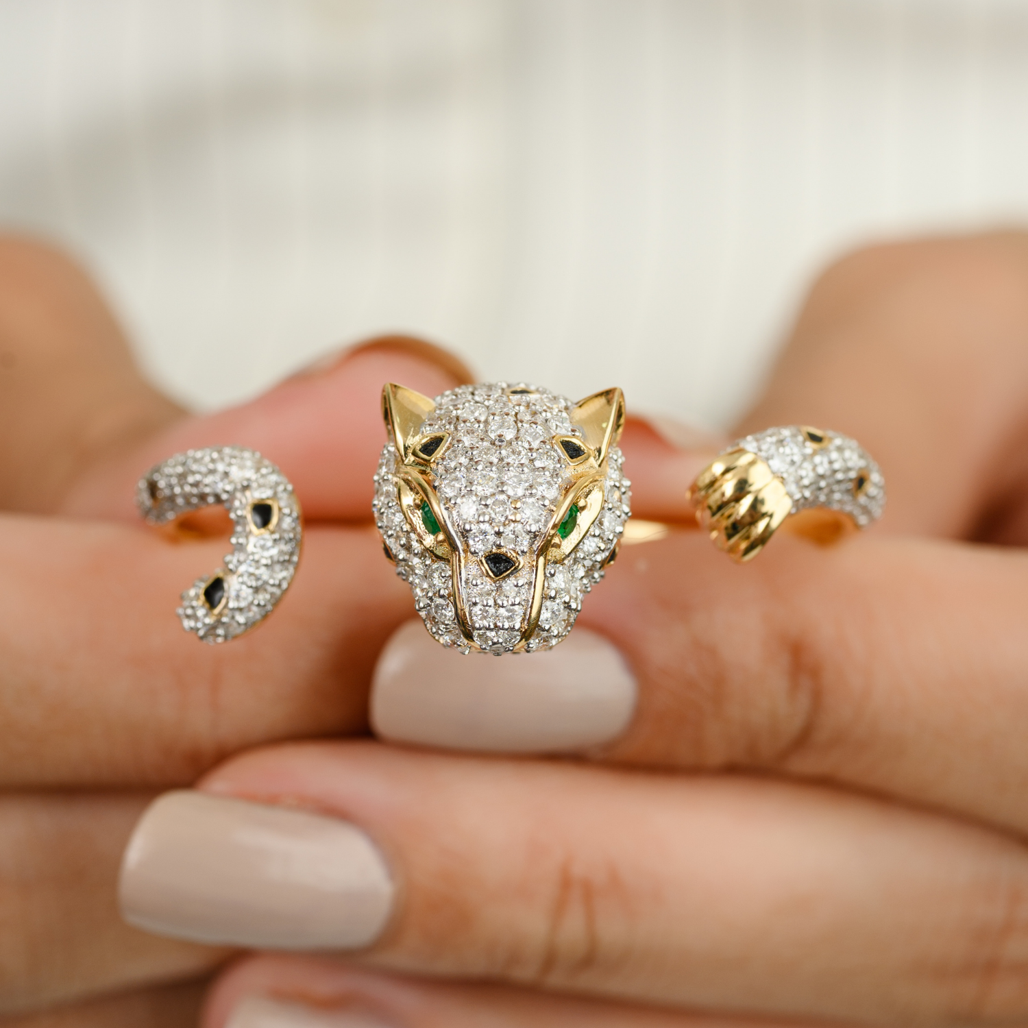 18K Solid Yellow Gold 2.06 Cts Diamond Panther Double Finger Ring