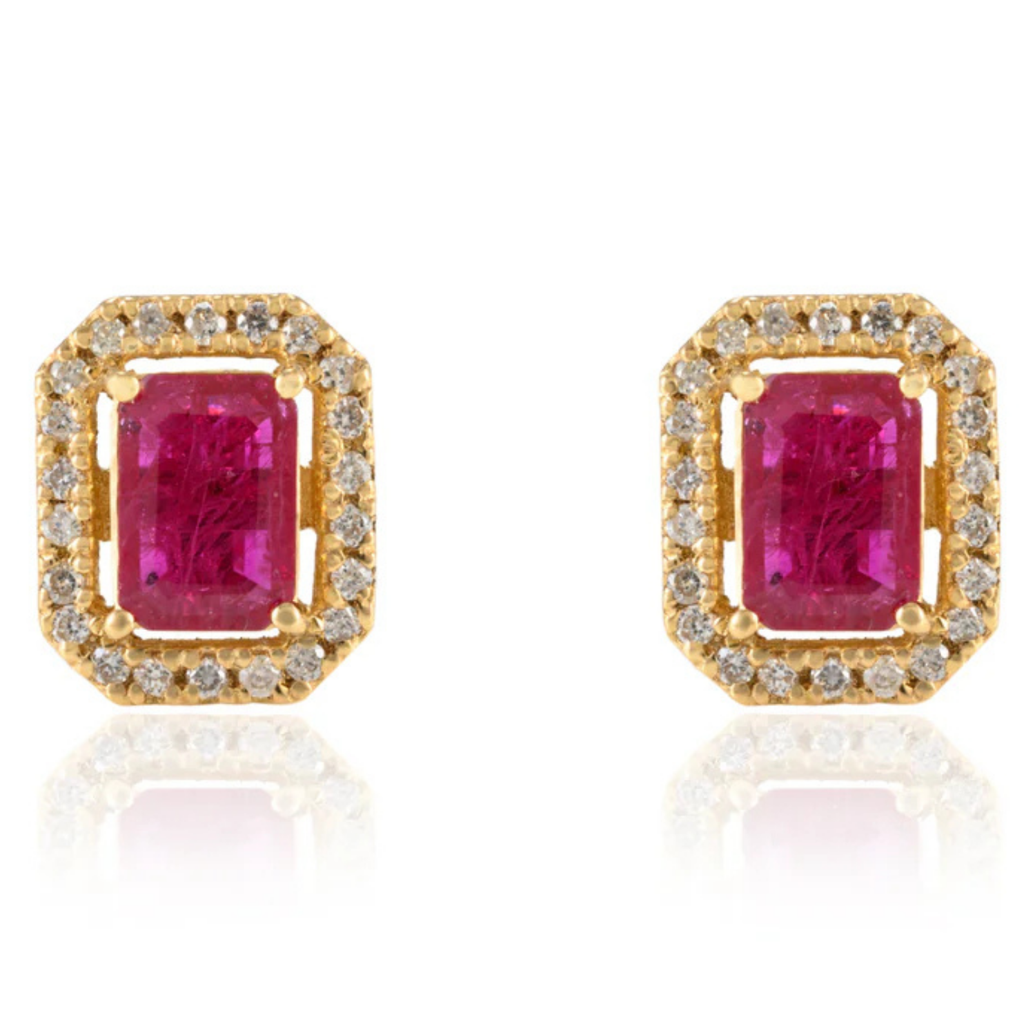 18K Gold Octagon Ruby Halo Diamond Studs