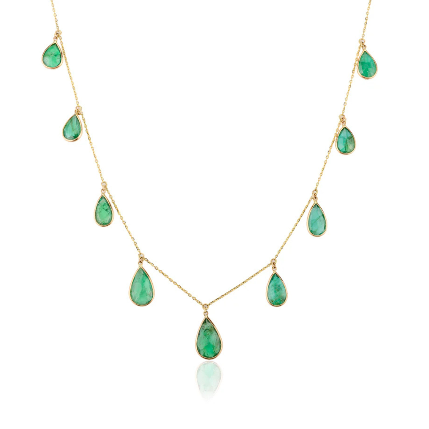 18K Solid Yellow Gold Emerald Teardrop Chain Necklace