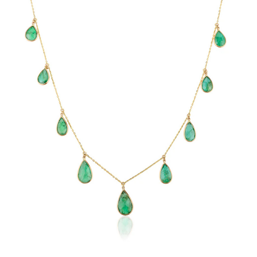 18K Solid Yellow Gold Emerald Teardrop Chain Necklace Image