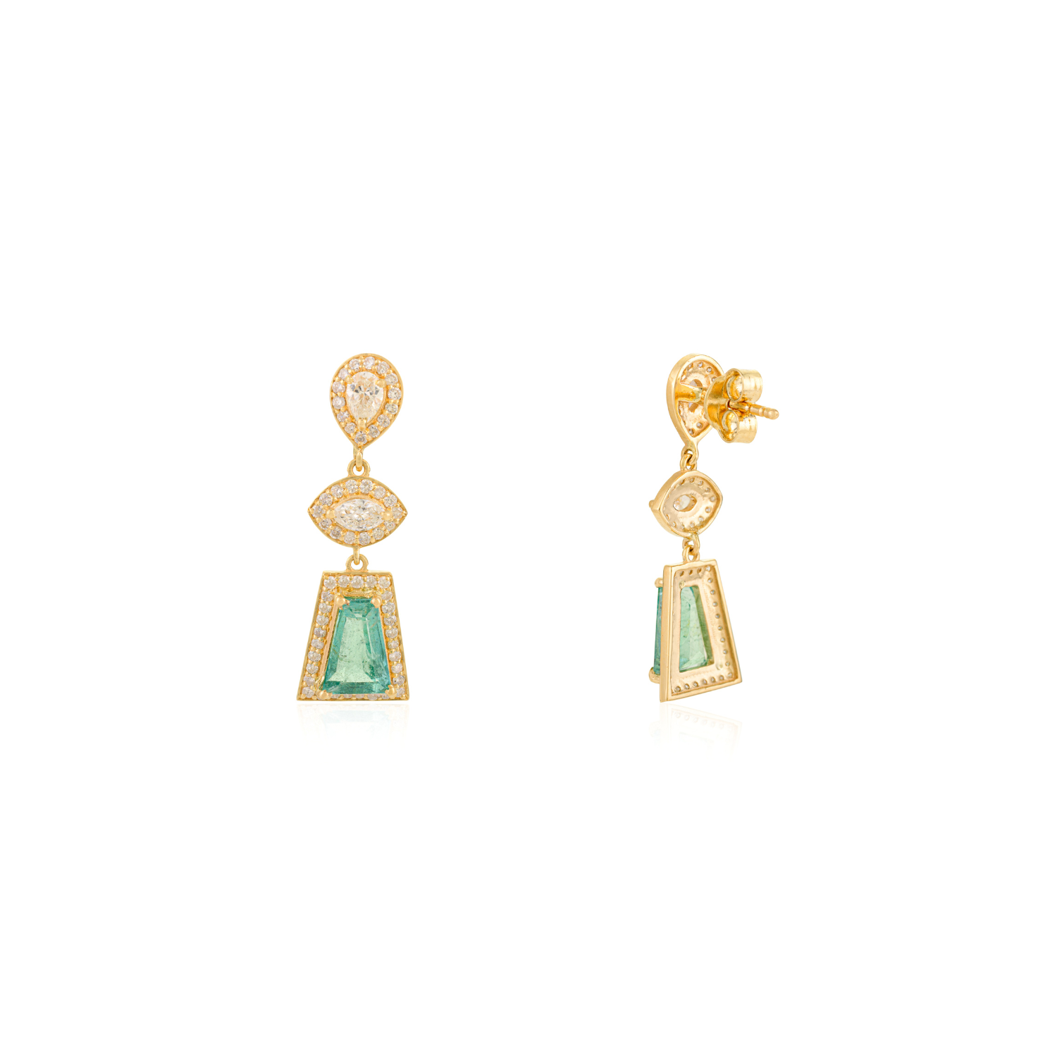 18k Yellow Gold Emerald & Diamond Geometric Drop Earrings