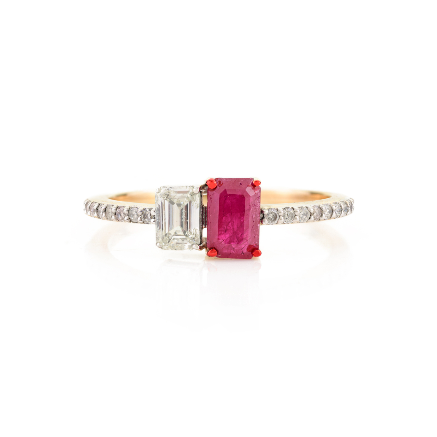 14K Solid Gold Ruby Diamond Toi et moi Ring