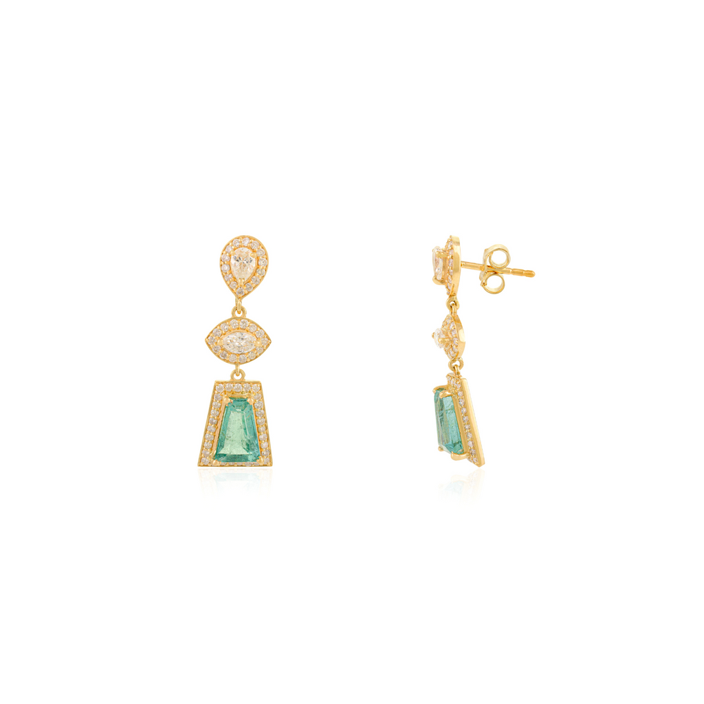 18k Yellow Gold Emerald & Diamond Geometric Drop Earrings Image