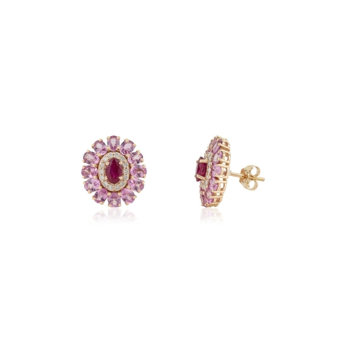 14K Gold Natural Pink Sapphire & Ruby Contemporary Stud Earrings Image