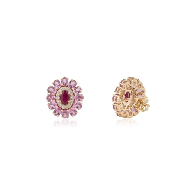 14K Gold Natural Pink Sapphire & Ruby Contemporary Stud Earrings Image