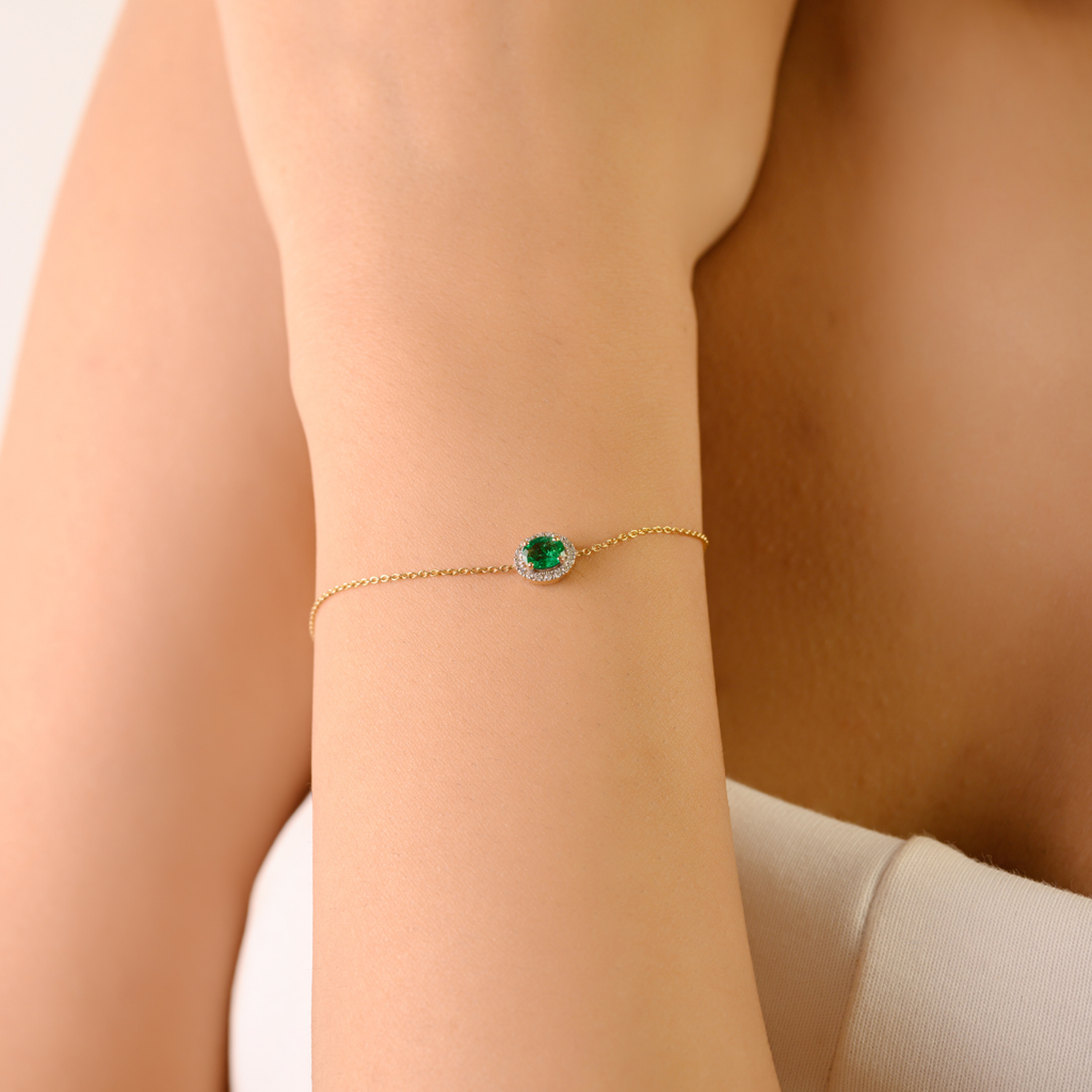 14K Modern Round Emerald Bracelet with Halo Diamonds Image