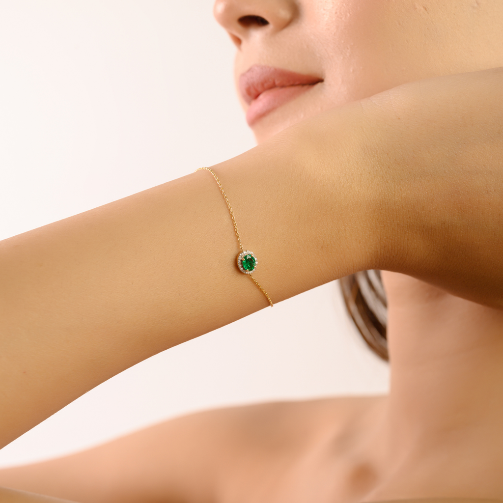 14K Modern Round Emerald Bracelet with Halo Diamonds Image
