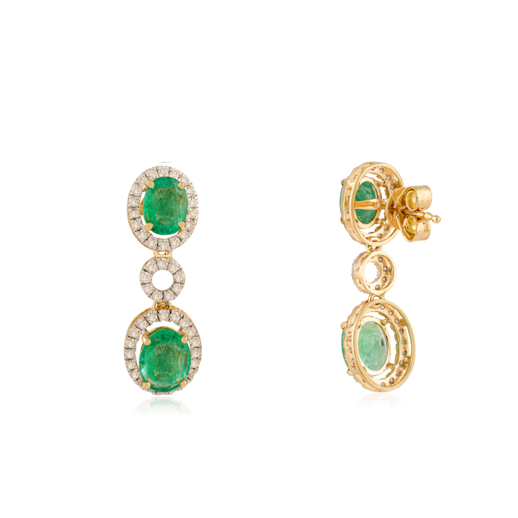 18K Modern Two-Tier Emerald Diamond Halo Drop Earrings Image