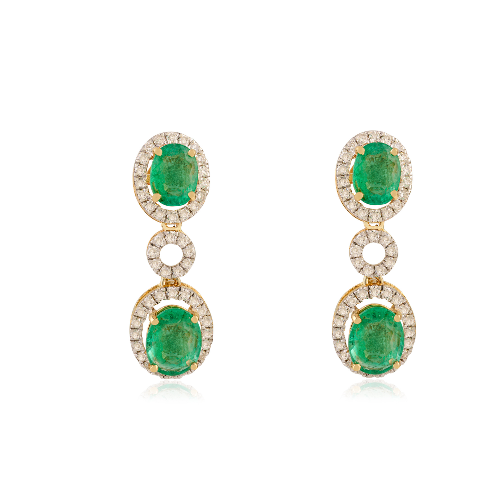 18K Modern Two-Tier Emerald Diamond Halo Drop Earrings