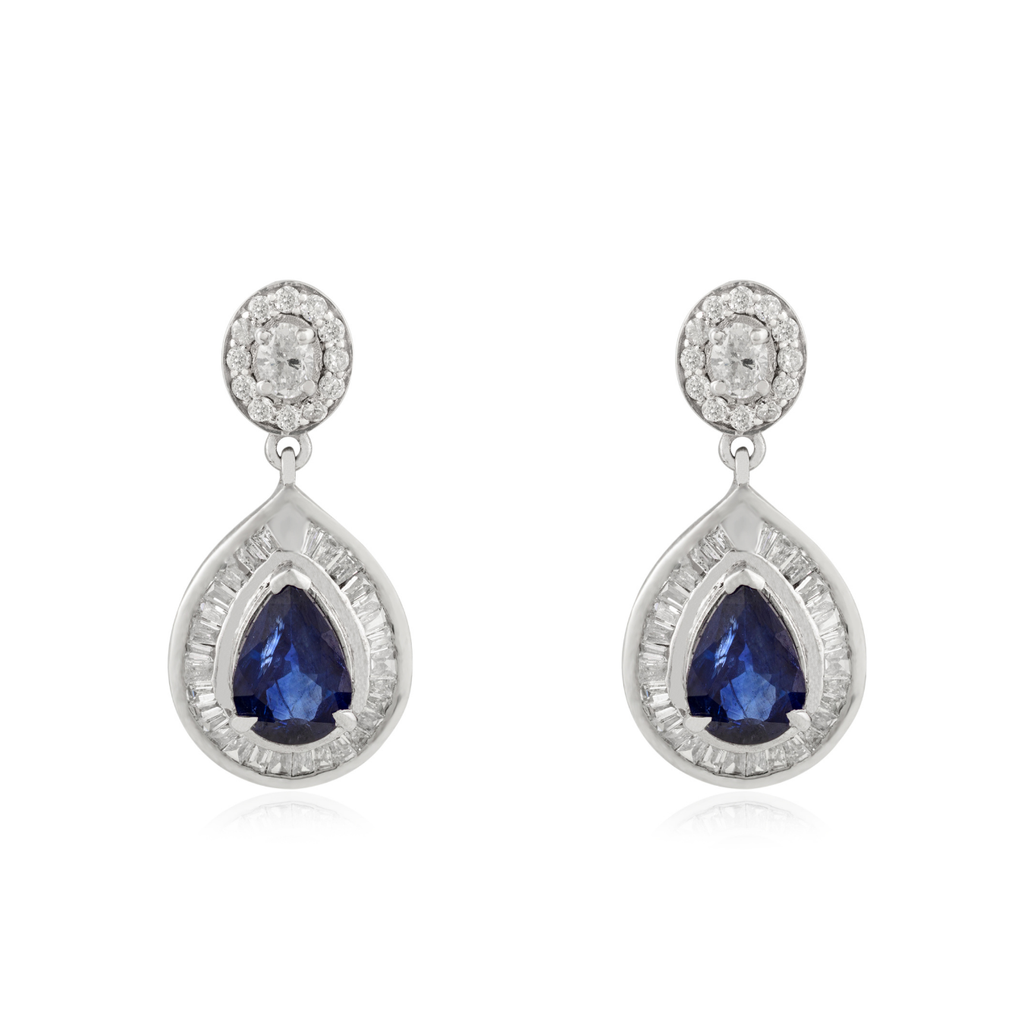 14K Pear Sapphire Diamond Cluster Drop Earrings Image