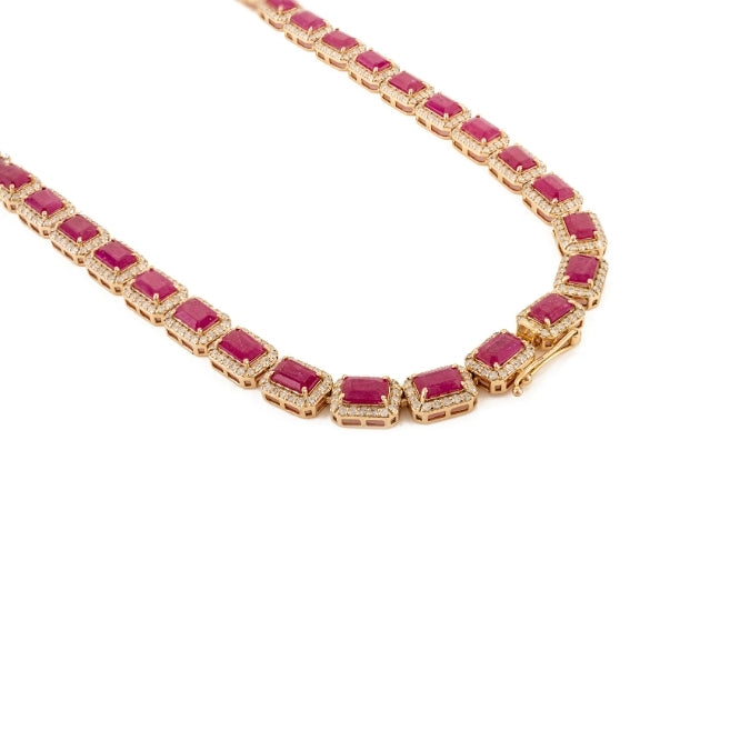 14K Gold Regal 27.47 Carat Ruby Diamond Statement Tennis Necklace