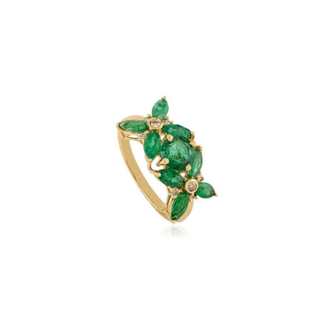 14K Gold Cluster Floral Emerald Diamond Art Deco Ring Image