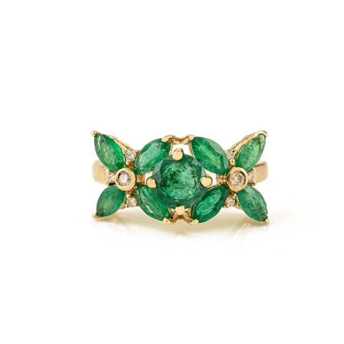 14K Gold Cluster Floral Emerald Diamond Art Deco Ring Image