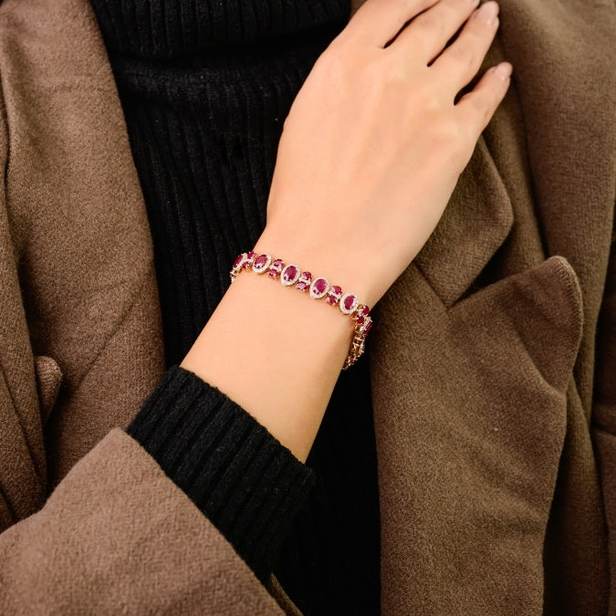 14k Gold Vintage Style 12.57 Ct Natural Ruby Diamond Statement Bracelet Image