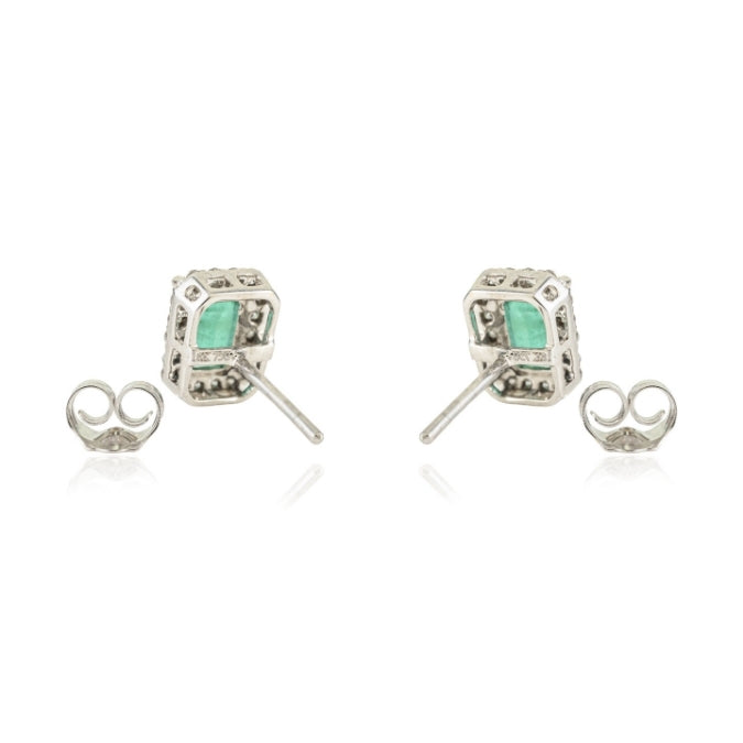 18K Gold Halo Diamond 1.36ct Octagon Emerald Stud Earrings Image