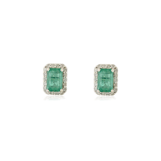18K Gold Halo Diamond 1.36ct Octagon Emerald Stud Earrings Image