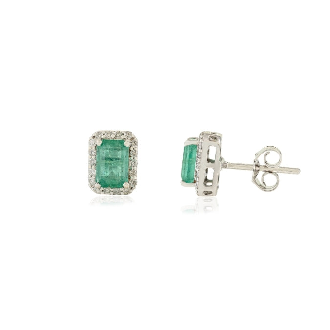18K Gold Halo Diamond 1.36ct Octagon Emerald Stud Earrings