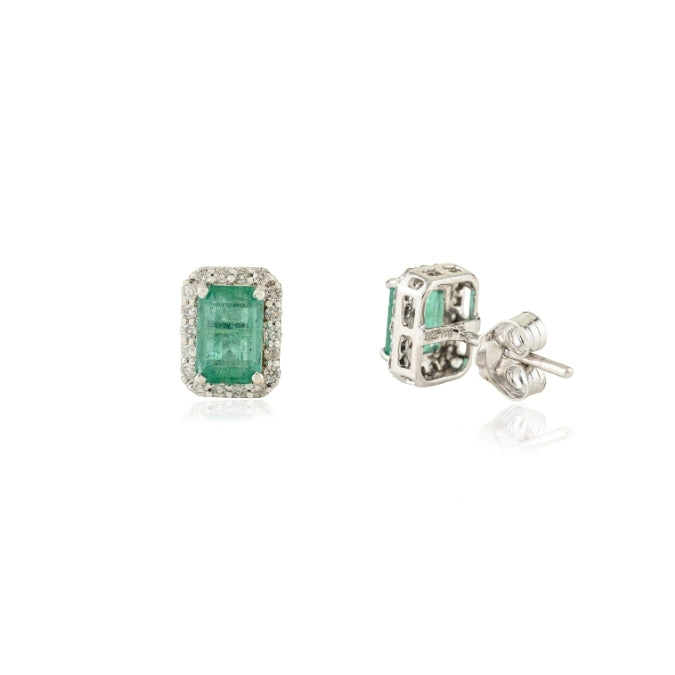 18K Gold Halo Diamond 1.36ct Octagon Emerald Stud Earrings