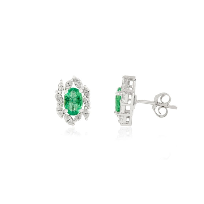 14K Gold 1.17ct Oval Emerald Diamond Cluster Earrings Image