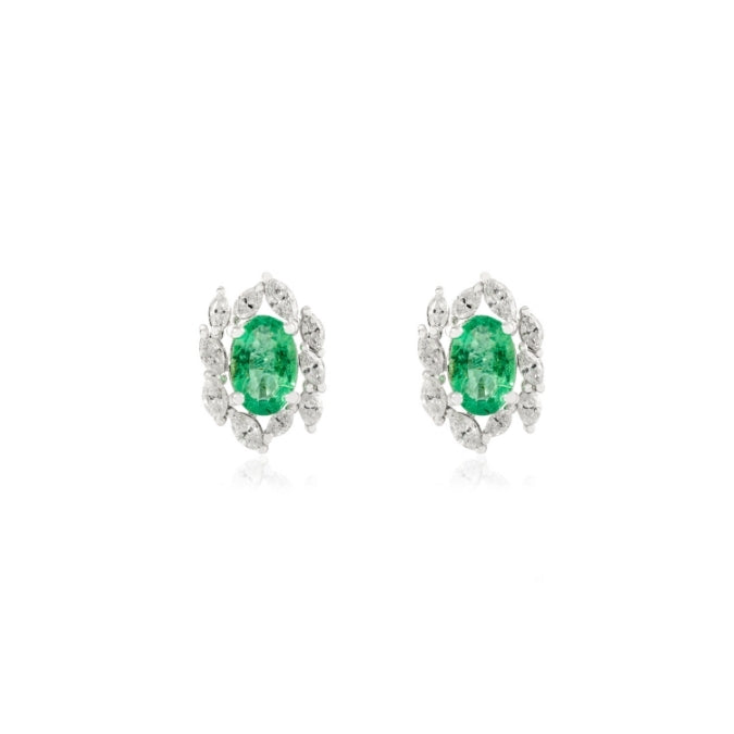 14K Gold 1.17ct Oval Emerald Diamond Cluster Earrings