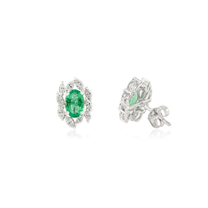14K Gold 1.17ct Oval Emerald Diamond Cluster Earrings