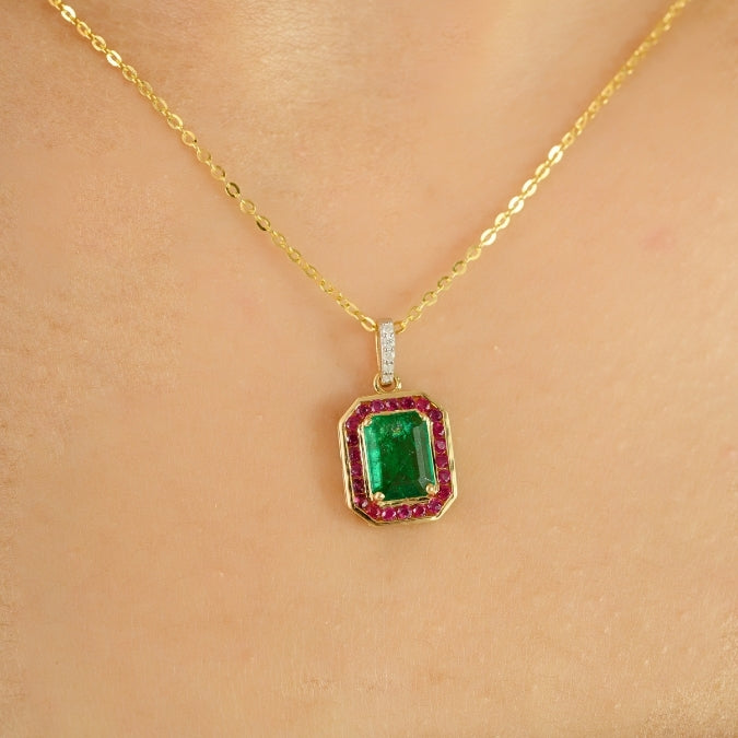 18K Gold Contemporary Emerald Halo Ruby Pendant with Diamonds Image
