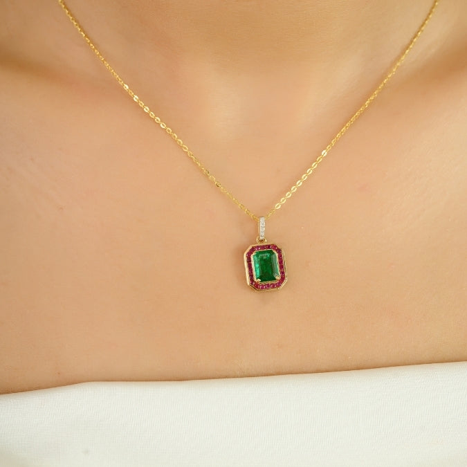 18K Gold Contemporary Emerald Halo Ruby Pendant with Diamonds Image