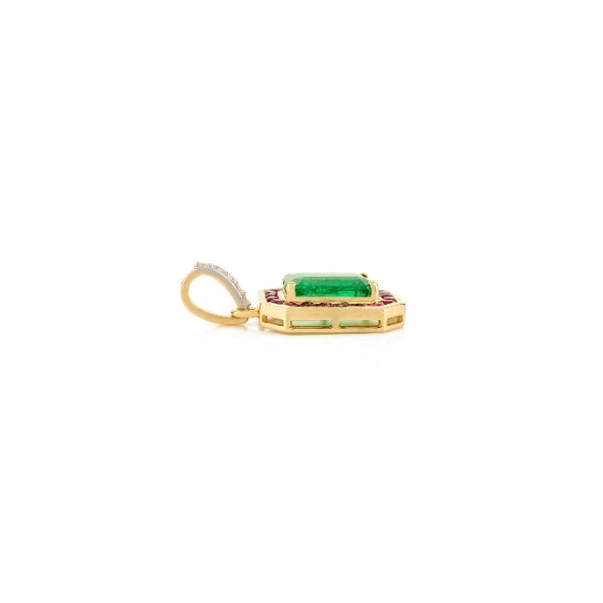 18K Gold Contemporary Emerald Halo Ruby Pendant with Diamonds