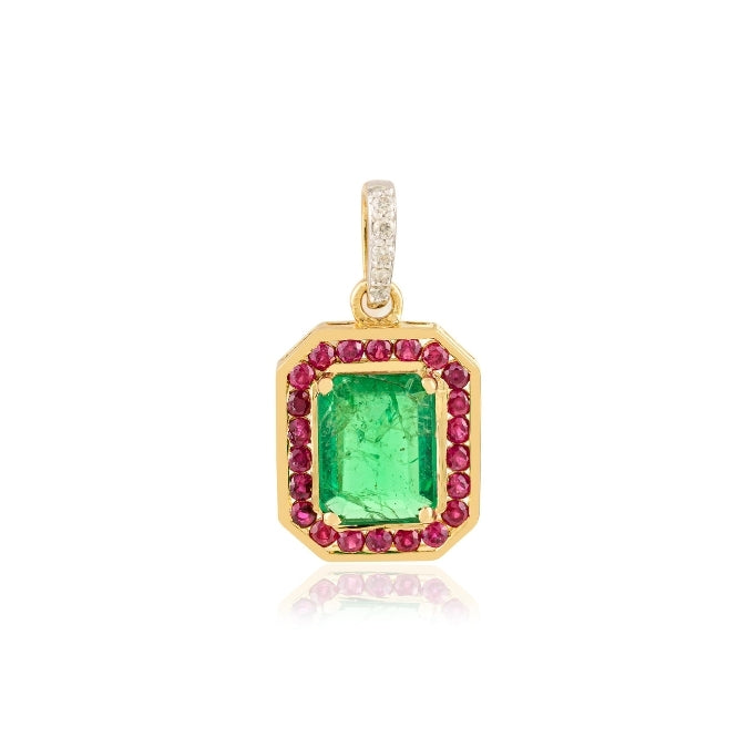 18K Gold Contemporary Emerald Halo Ruby Pendant with Diamonds
