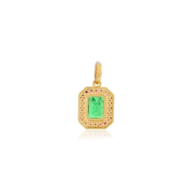 18K Gold Contemporary Emerald Halo Ruby Pendant with Diamonds