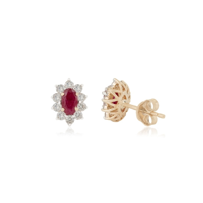14K Yellow Gold Oval Ruby & Diamond Cluster Earrings