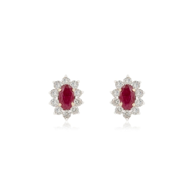 14K Yellow Gold Oval Ruby & Diamond Cluster Earrings Image