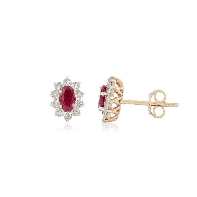 14K Yellow Gold Oval Ruby & Diamond Cluster Earrings
